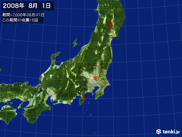 東日本・震央分布図(2008年08月01日)