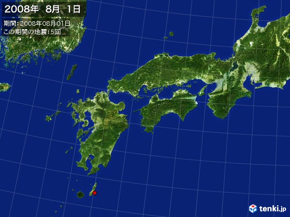 西日本・震央分布図(2008年08月01日)
