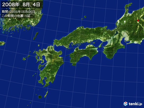 西日本・震央分布図(2008年08月04日)