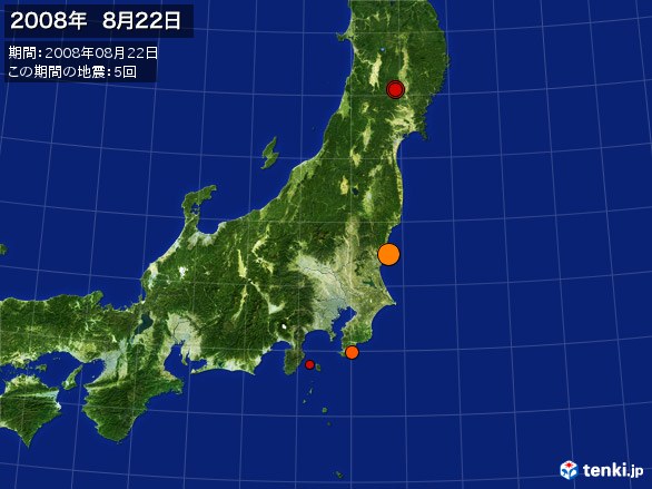 東日本・震央分布図(2008年08月22日)