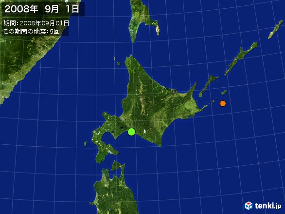 北日本・震央分布図(2008年09月01日)
