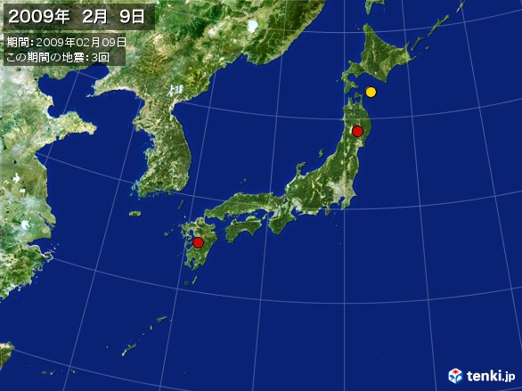 日本全体・震央分布図(2009年02月09日)