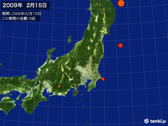 東日本・震央分布図(2009年02月15日)