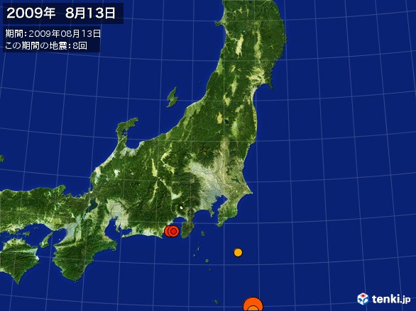 東日本・震央分布図(2009年08月13日)