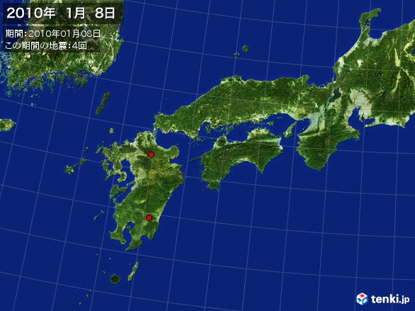 西日本・震央分布図(2010年01月08日)