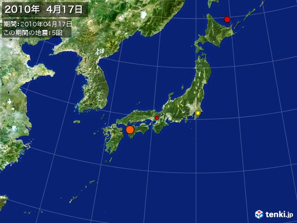 日本全体・震央分布図(2010年04月17日)