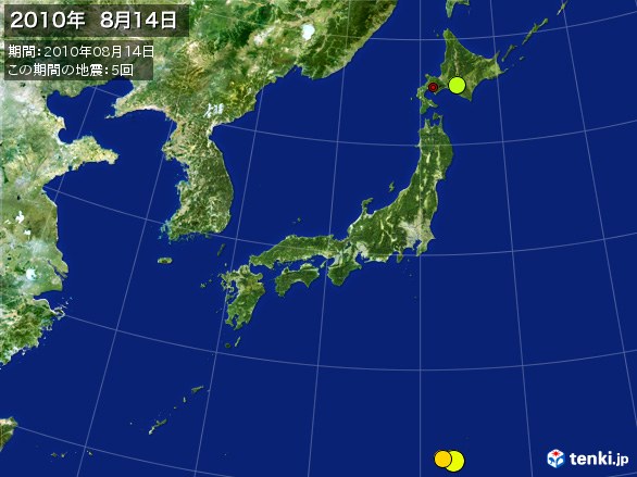 日本全体・震央分布図(2010年08月14日)