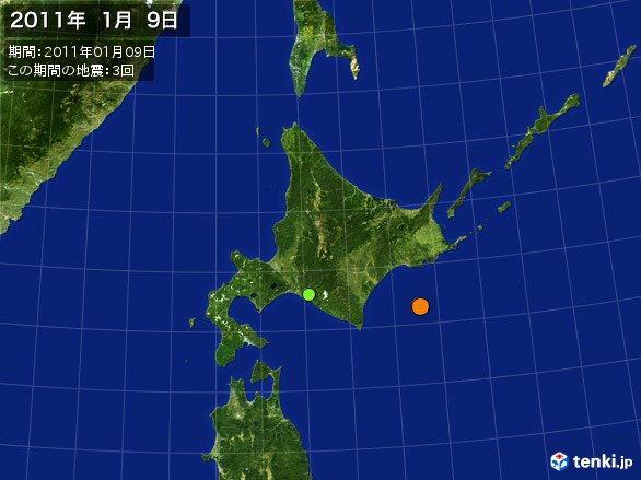北日本・震央分布図(2011年01月09日)