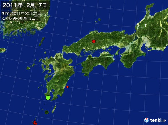 西日本・震央分布図(2011年02月07日)