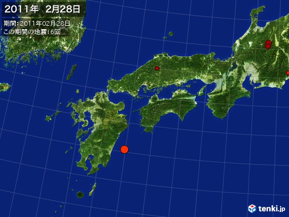 西日本・震央分布図(2011年02月28日)