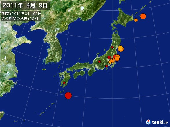 日本全体・震央分布図(2011年04月09日)