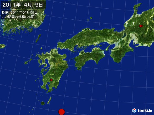 西日本・震央分布図(2011年04月09日)