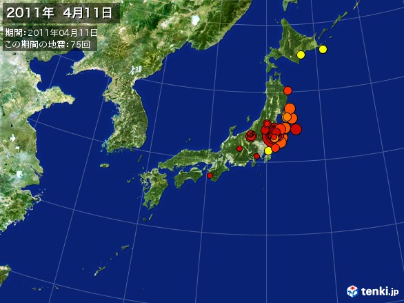 日本全体・震央分布図(2011年04月11日)
