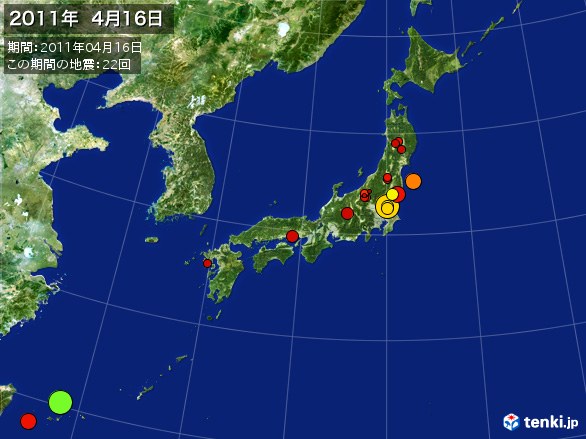 日本全体・震央分布図(2011年04月16日)