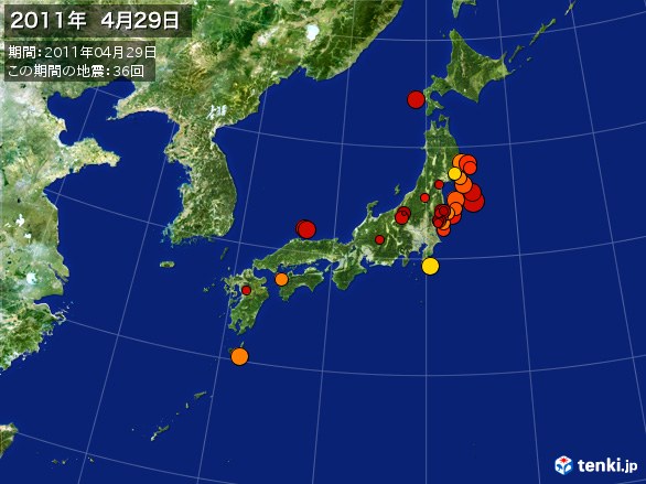 日本全体・震央分布図(2011年04月29日)