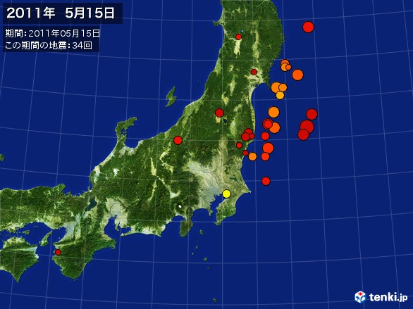 東日本・震央分布図(2011年05月15日)