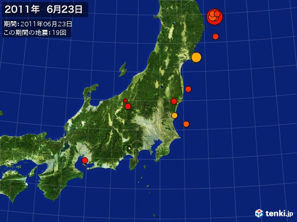 東日本・震央分布図(2011年06月23日)