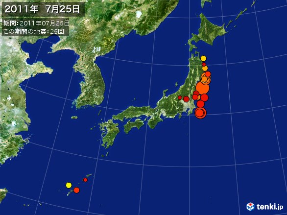 日本全体・震央分布図(2011年07月25日)