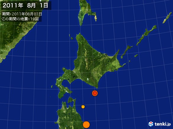 北日本・震央分布図(2011年08月01日)