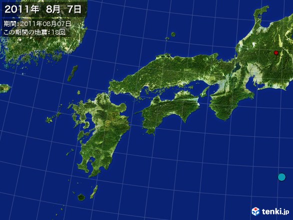 西日本・震央分布図(2011年08月07日)