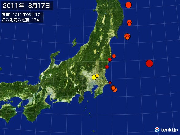 東日本・震央分布図(2011年08月17日)