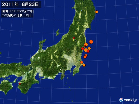 東日本・震央分布図(2011年08月23日)