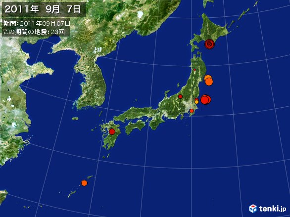 日本全体・震央分布図(2011年09月07日)