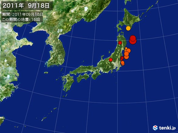 日本全体・震央分布図(2011年09月18日)