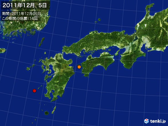 西日本・震央分布図(2011年12月05日)