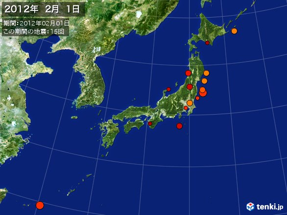 日本全体・震央分布図(2012年02月01日)