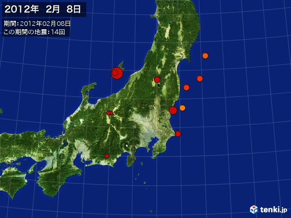 東日本・震央分布図(2012年02月08日)
