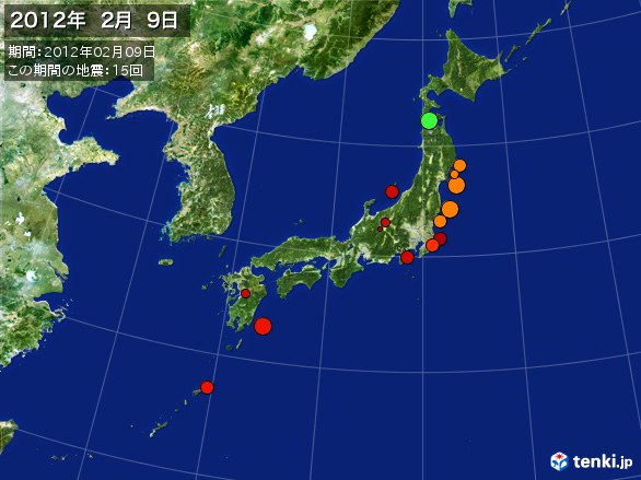 日本全体・震央分布図(2012年02月09日)