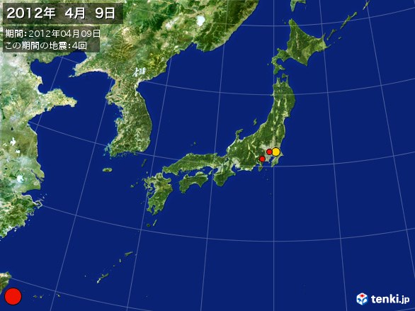 日本全体・震央分布図(2012年04月09日)