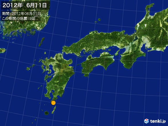 西日本・震央分布図(2012年06月11日)