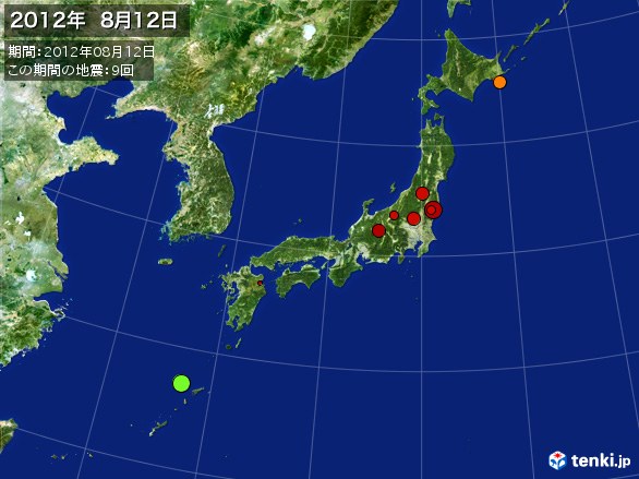 日本全体・震央分布図(2012年08月12日)