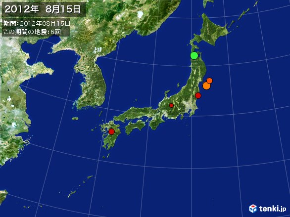 日本全体・震央分布図(2012年08月15日)