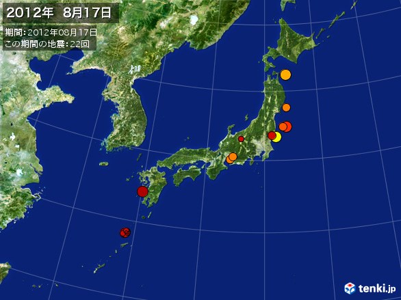 日本全体・震央分布図(2012年08月17日)