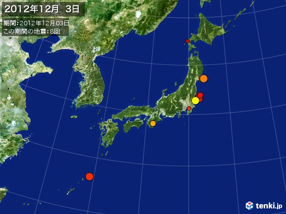 日本全体・震央分布図(2012年12月03日)