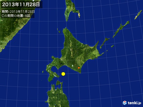 北日本・震央分布図(2013年11月28日)