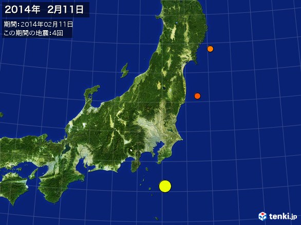 東日本・震央分布図(2014年02月11日)