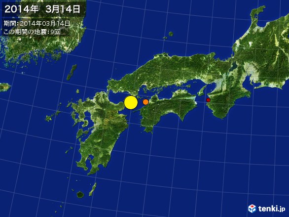 西日本・震央分布図(2014年03月14日)