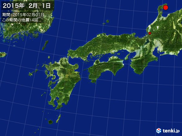 西日本・震央分布図(2015年02月01日)