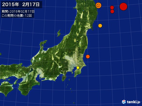 東日本・震央分布図(2015年02月17日)