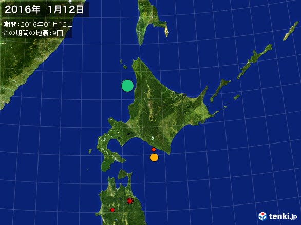 北日本・震央分布図(2016年01月12日)