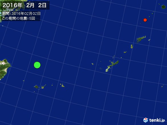 沖縄・震央分布図(2016年02月02日)