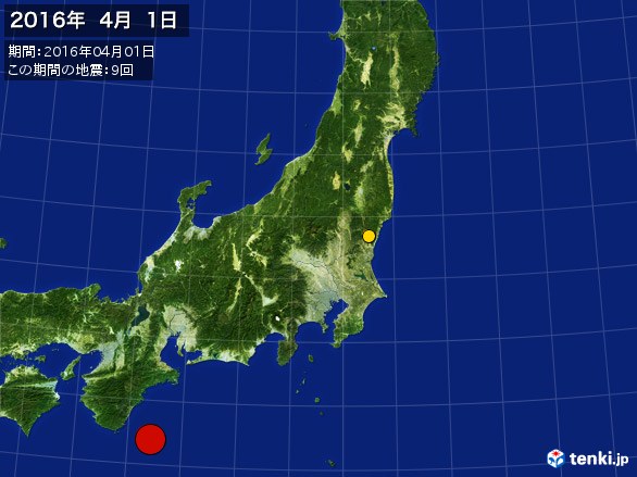 東日本・震央分布図(2016年04月01日)