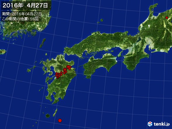 西日本・震央分布図(2016年04月27日)