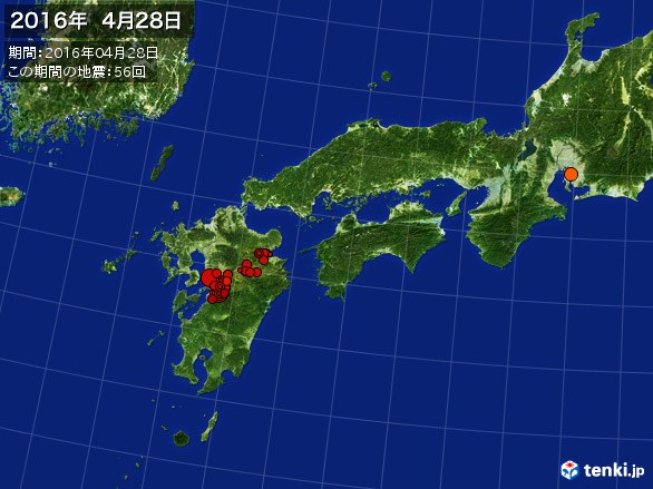 西日本・震央分布図(2016年04月28日)