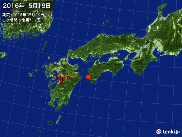 西日本・震央分布図(2016年05月19日)