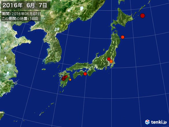 日本全体・震央分布図(2016年06月07日)